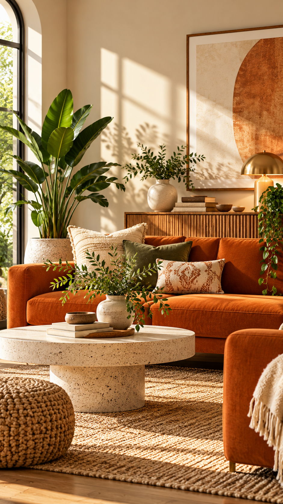 Sala aconchegante com sofá laranja