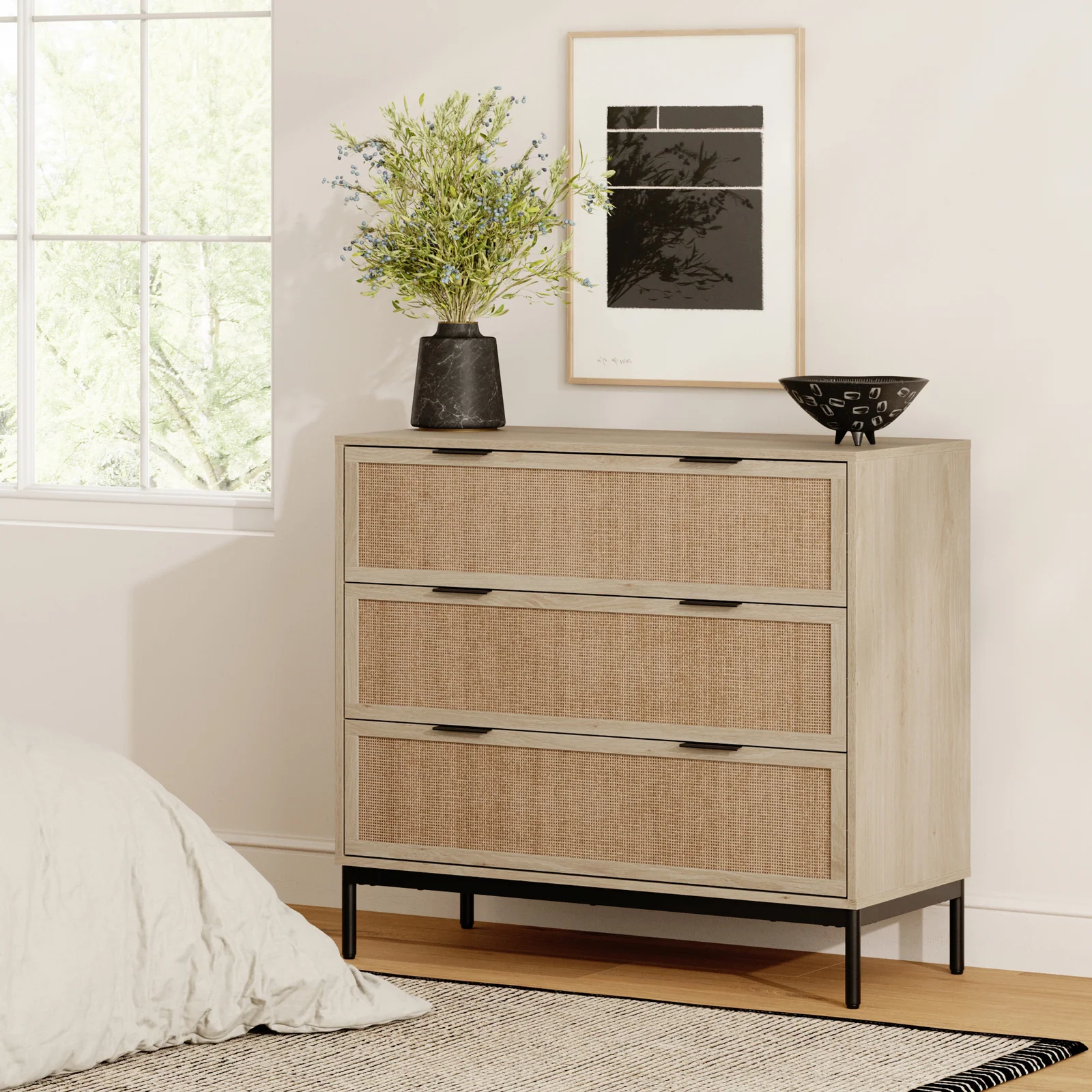Cômoda com 3 Gavetas em Rattan e Madeira